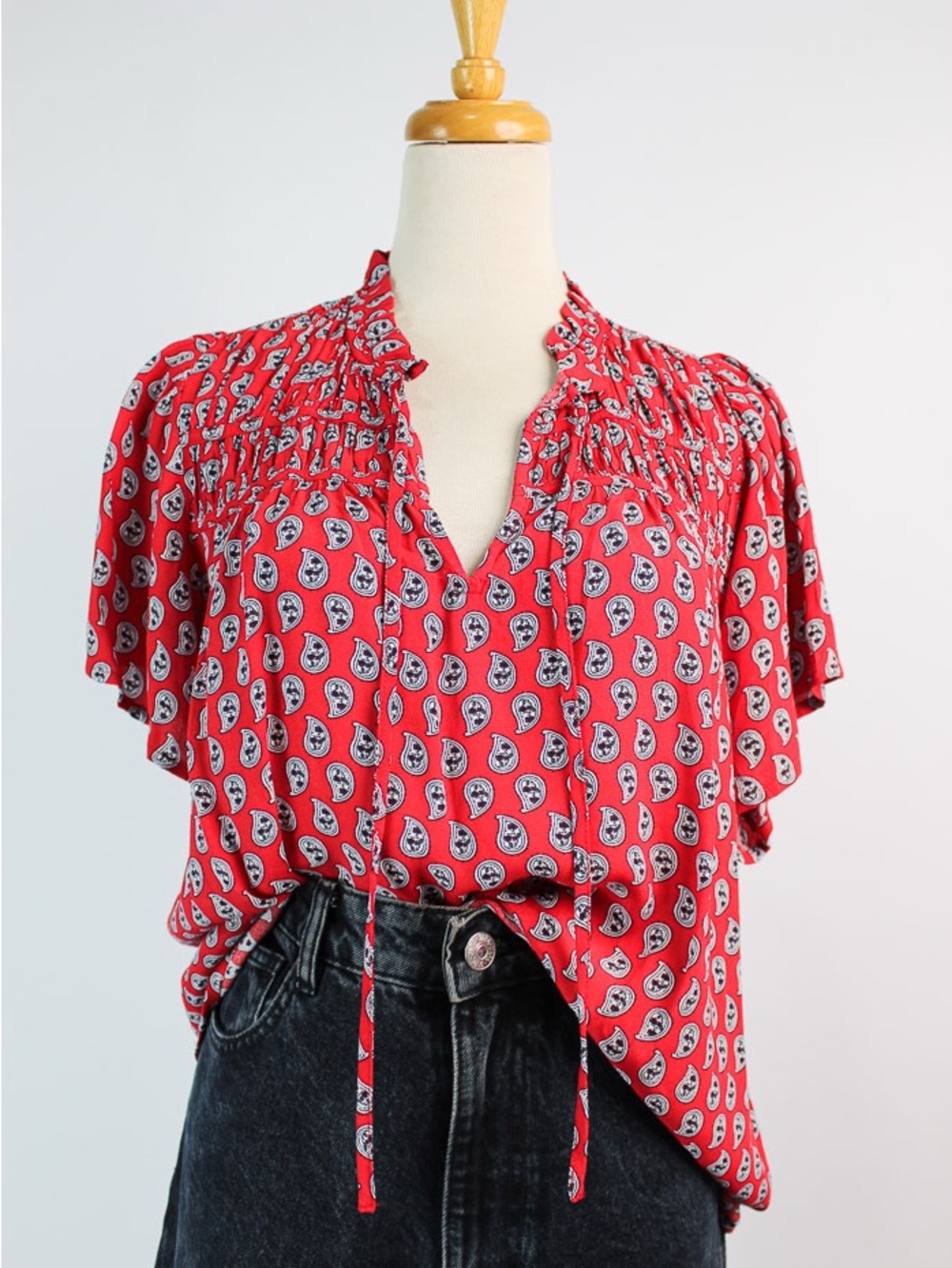 LOFT Red Paisley Tie Front Flutter Sleeve Blouse